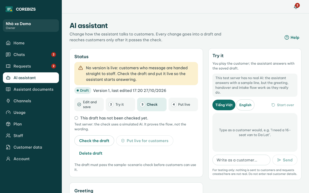 The AI assistant screen with status, steps and the test chat