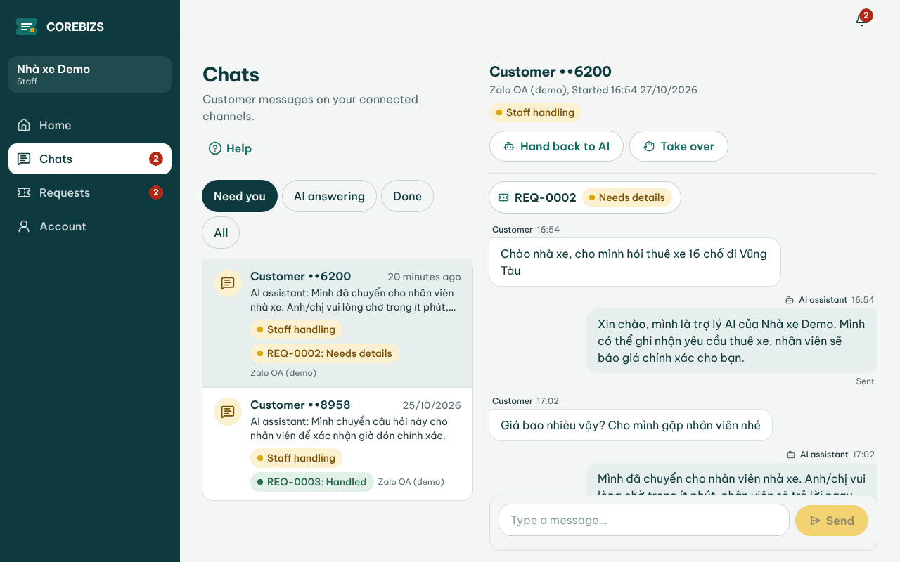 One chat with the Take over button and the reply box