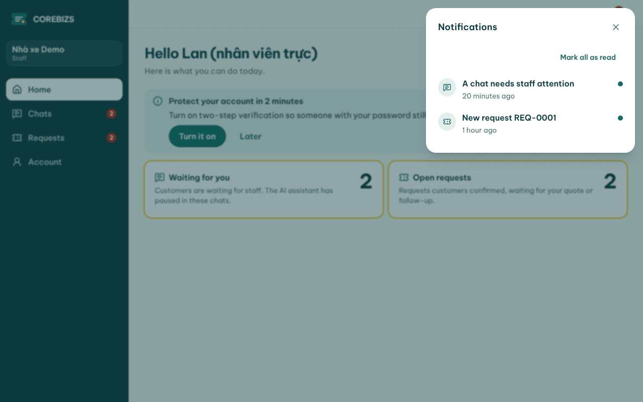 The notification bell open with a list of notifications