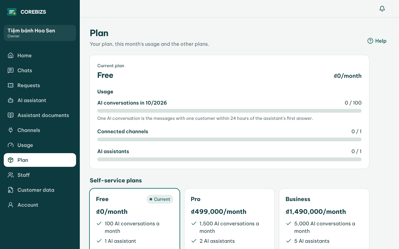 The Plan screen with the current plan, usage and the self-service plans