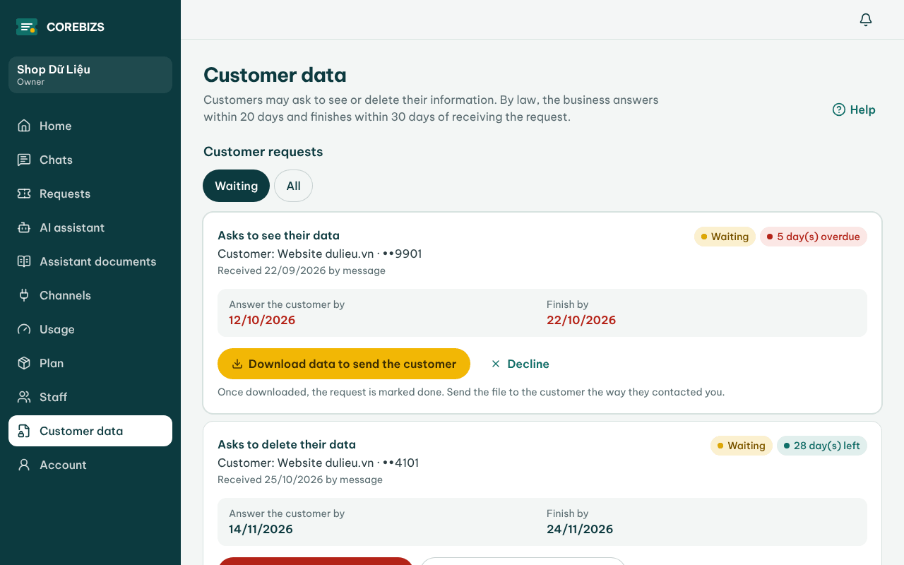 The Customer data screen with the list of requests and how long chats are kept
