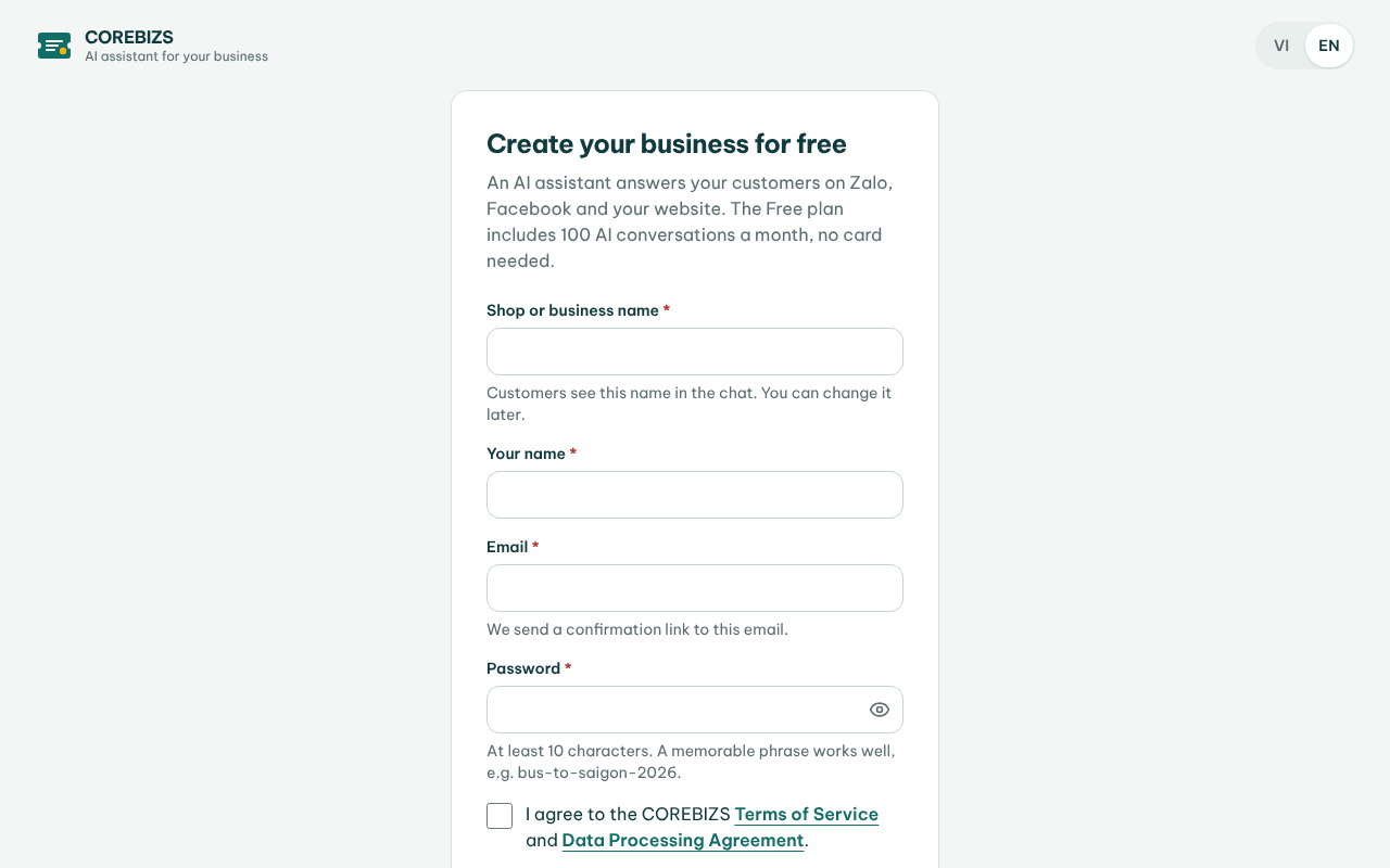 The create-a-business screen