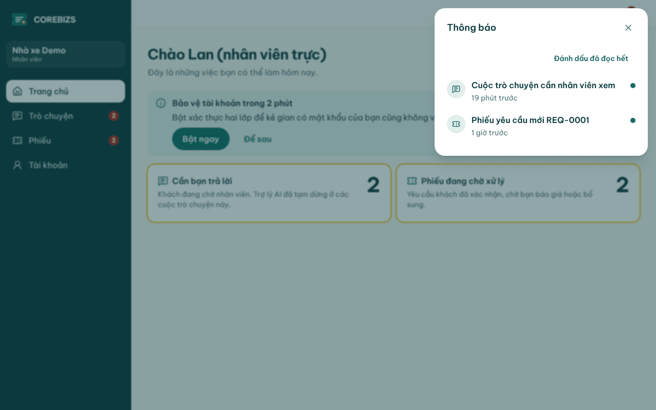 Chuông thông báo đang mở với danh sách thông báo
