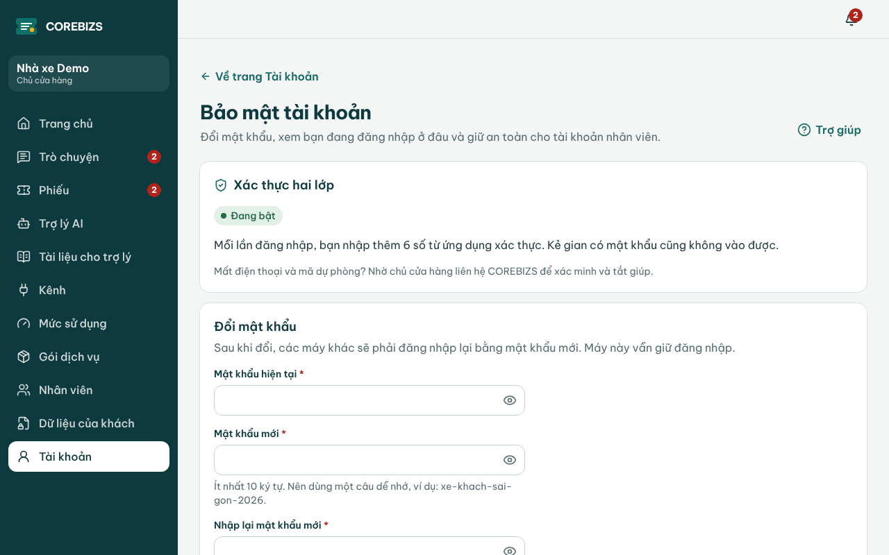 Màn hình Bảo mật tài khoản